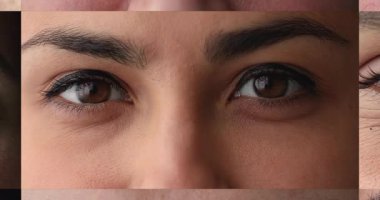 Gözlüklü ve gözlüksüz çok uluslu çeşitli insanların koleksiyonu. Genç ve yaşlı bireylerden oluşan bir grup kameraya bakar, farklı bakış açılarını kapatır, yakınlaştırma kolajı yapar. Göz bakımı, görüş düzeltmesi