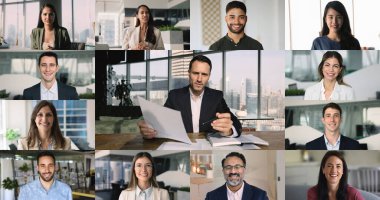 Kolaj görüşü farklı ırk ve yaş ortakları iş dünyasının video konferansına katılıyor, olgun İspanyol takım liderinin hissedarlara bilgi sağlayan konuşmasını dinliyor. Genel iletişim