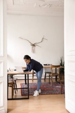 Dijital proje planlaması. Dikey çekim odaklı genç kadın rahat ofis alanında çalışma masasına eğiliyor sosyal medya yöneticiliği elektronik dosya gözden geçirme sunumu dizüstü bilgisayarda başlatılıyor