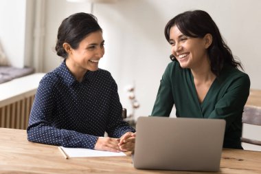 Olumlu proje değerlendirmesi. İki gülümseyen genç yetişkin kadın profesyonel iş ortağı laptopun yanında oturmuş işbirlikçi girişimin finansal büyüme stratejisini tartışıyorlar.