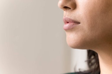 Dudak bakımı sağlığı. Yakın zamanda kesilen sakin, genç bir kadın. Yüzünün alt kısmı, gevşemiş, susuz dudakları, hatta ten rengi. Cilt rutin kozmetik dolgu malzemesi nemlendirici merhem kavramı. Boşluğu kopyala