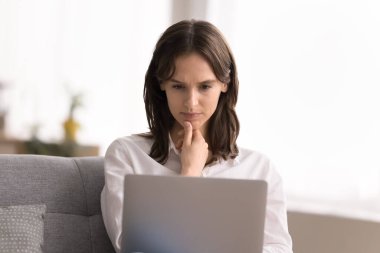 İnternette problem çözülüyor. Portre meşgul genç bayan uzak öğrenci ev ofisinin kanepesinde oturup dijital konferans izleyerek proje analizi stratejisi üzerinde odaklanır.