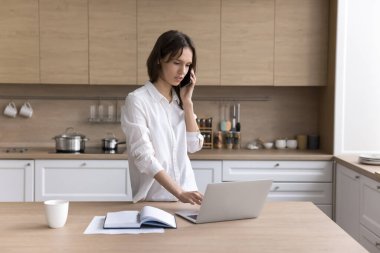 Uzaktan problem çözme. Ciddi bir şekilde odaklanmış genç bayan serbest çalışan satış danışmanı müşteriyle telefonda konuşuyor. Mutfaktaki ofis işyerinden. Not defteri ekranında kontrol bilgileri verin.
