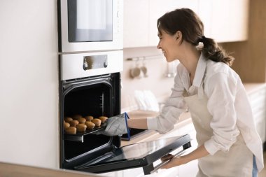 Küçük ev fırını işi. Genç ve mutlu kadın fırıncı ev hanımı fırın örtüsünü ve lezzetli kekleri elektrikli fırından çıkarıyor koruyucu eldiven kullanarak taze ev yapımı yiyecekleri satılığa çıkartıyor.