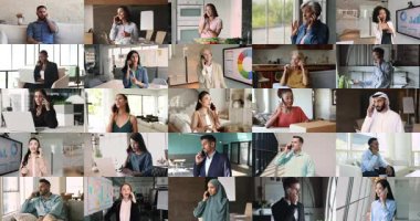 Kolaj bakış açısı farklı milliyet, meslek, akıllı telefondan konuşan yaşlılar, iş ya da kişisel meseleleri uzaktan modern kablosuz cihazlar, mobil bağlantı kullanarak çözmek. İletişim