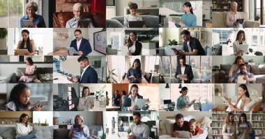 Farklı insanlar uzak çalışma, eğitim ve kişisel ve iş dünyası ile dünya çapında iletişim ve kolaj görüşü için tablet cihazları kullanıyorlar. Çeşitlilik, modern teknolojinin hayatımıza entegrasyonu, rahatlık, kolaylık