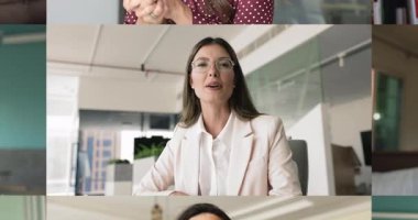 Çeşitli etnik gruplardan oluşan bir grup çevrimiçi webinar veya seminere katılıyor. Kadın koç, farklı konferans katılımcıları için sanal görüşme yapıyor. Çevrimiçi bağlantı, video çağrısı, kolaj