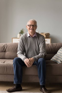 Ev huzurunun sakinliği. Dikey boyda, gülümseyen, kendine güveni tam gri saçlı, sıradan elbiseli bir erkek emeklinin kendi evinde koltukta oturup kameraya bak. Emeklilik zamanının tadını çıkar.