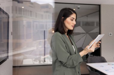 30 'lu yaşlardaki genç Meksikalı iş kadını tablet cihazında dijital araçlar kullanıyor, toplantıdan veya eğitimden önce sunumu gözden geçiriyor, modern ofiste ekranda gösterilen satış veya pazarlama verilerini analiz ediyor