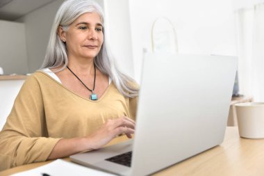 Laptop kullanan çekici Latin kadın oturma odasında masada oturur, internette vakit geçirir, araştırır, bilgi toplar, e-postaları kontrol eder, otel kiralar, pazardan hizmet satın alır. Serbest etkinlik