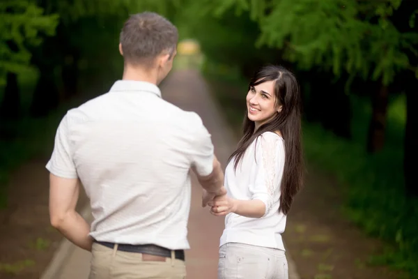 Inviting boyfriend for a walk — Stok fotoğraf