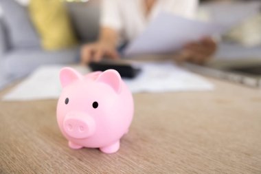 Pembe seramik domuz kumbarası, arka plandaki bulanık hesap makinesinde yazan muhasebeci kadının masasına yakın çekim. Oyuncak domuz sembolü tasarruf, yatırım, rezerv, finansal zenginlik