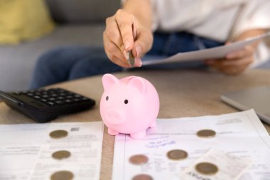 Genç bir kadın kumbaraya bozuk para bırakıyor. Hesap makinesindeki kağıt faturalara para koyuyor. Finansal amaç için, bağımsızlık için, rezerv fonu için para biriktiriyor. Kesilmiş vuruşu kapat