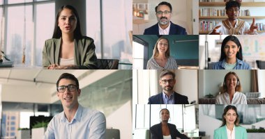 Farklı yaş ve ırktan iş adamları çevrimiçi görüntülü konferans sohbetlerinde konuşuyor, kameraya bakıyor ve konuşuyor, el sallıyor, uzaktan iletişim için buluşuyorlar. Portrelerin çeşitliliği