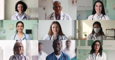 Farklı ırkların kıdemli ve genç doktorları üniforma giyiyorlar, hastanede vesikalık portreler için poz veriyorlar, kameraya bakıp gülümsüyorlar. Tıp, tıp mesleği, meslek kolajı