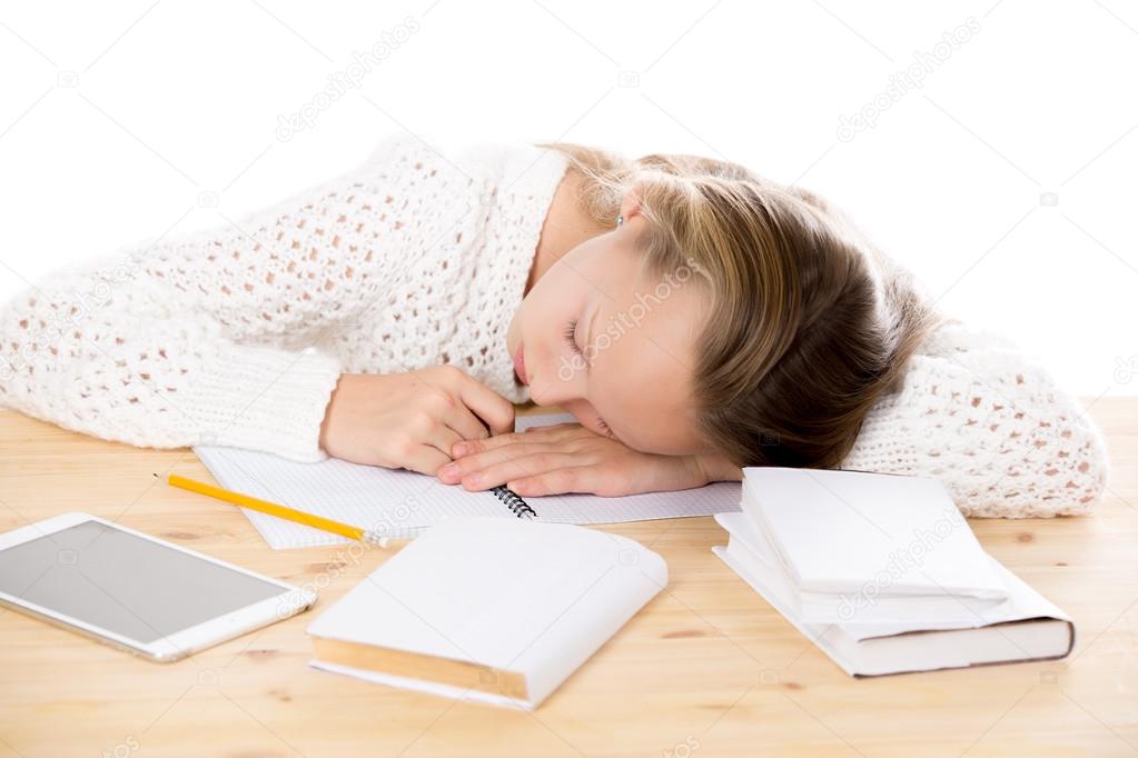 Girl tired from studying