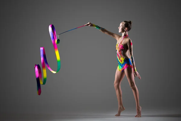 Gymnastics performance with ribbon — Stock Photo, Image