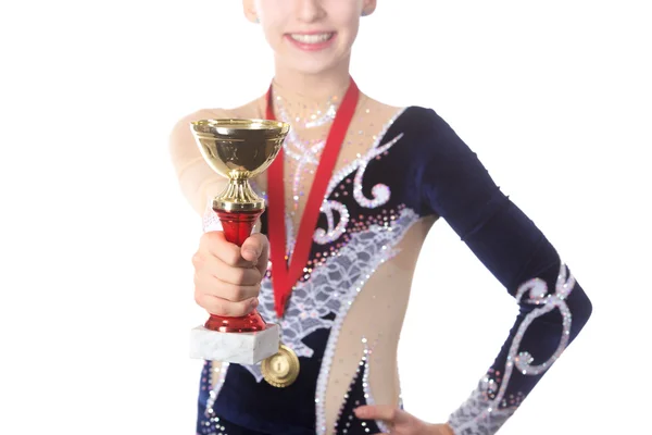 Winner gymnast girl showing award — Stock Photo, Image