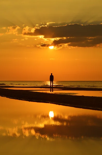 Silueta muže sledovat západ slunce na pláži — Stock fotografie