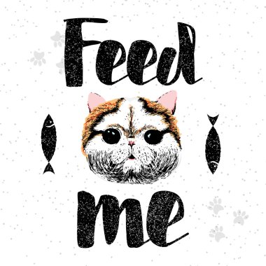 Besle beni, şirin, samimi, gülümseyen kedi el çekilmiş tipografik poster vektör.