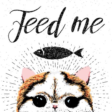 Besle beni, şirin, samimi, gülümseyen kedi el çekilmiş tipografik poster vektör.