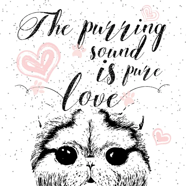 O som ronronando é puro amor, cartão desenhado à mão e caligrafia lettering citação motivacional para os amantes do gato —  Vetores de Stock