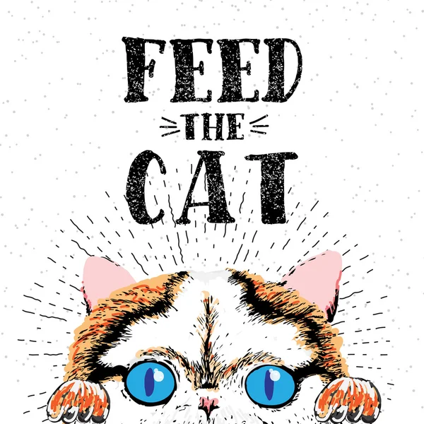 Feed the cat. Vector illustration with hand drawn lettering on texture background. — Stock Vector