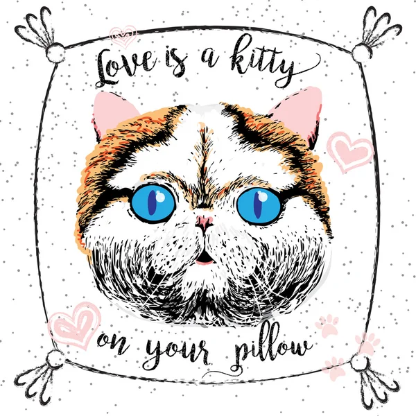 Liebe ist ein Kätzchen auf dem Kissen, Liebe Zitat über Haustiere. Vektor herausragender Schriftzug. — Stockvektor