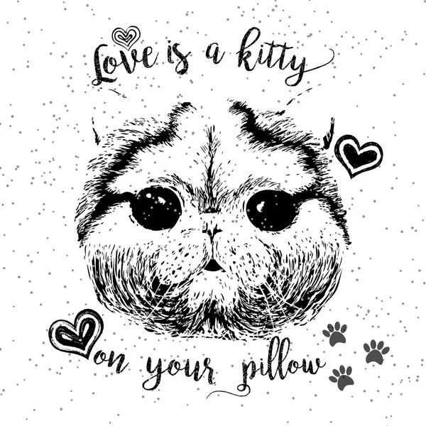 Vektor Illustration von niedlichen kleinen lächelnden Katze mit Liebe ist ein Kätzchen auf Ihrem Kissen Schriftzug Kalligraphie. — Stockvektor