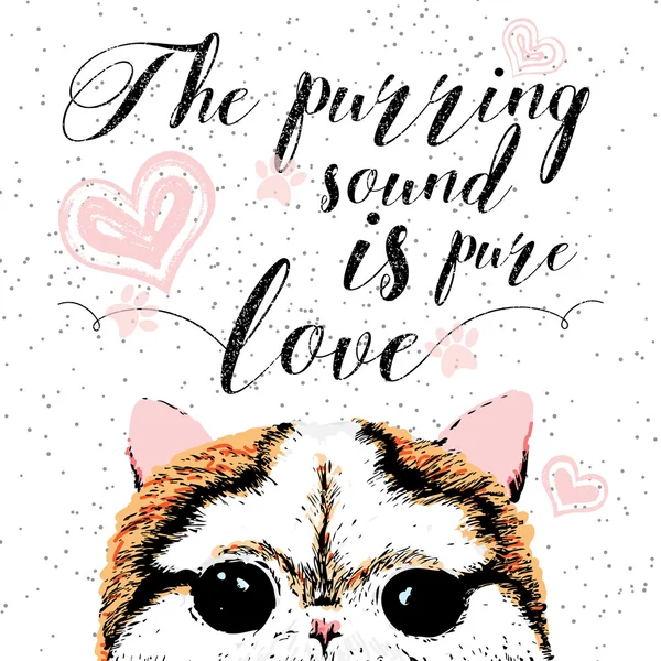 Er schnurrende Klang ist pure Liebe, handgezeichnete Karte und Schriftzug Kalligrafie Motivationszitat für Katzenliebhaber — Stockvektor