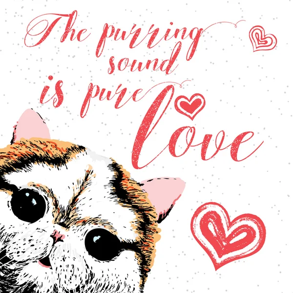 Er schnurrende Klang ist pure Liebe, handgezeichnete Karte und Schriftzug Kalligrafie Motivationszitat für Katzenliebhaber — Stockvektor