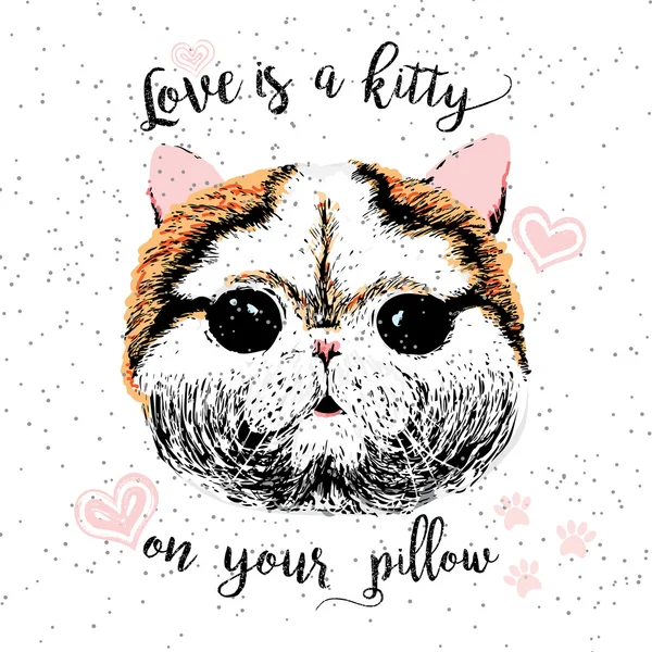 Vektor Illustration von niedlichen kleinen lächelnden Katze mit Liebe ist ein Kätzchen auf Ihrem Kissen Schriftzug Kalligraphie. — Stockvektor