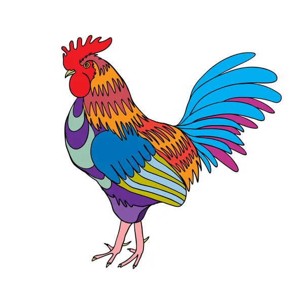 Rooster in color, hand drawing cock on white. — Stock Vector