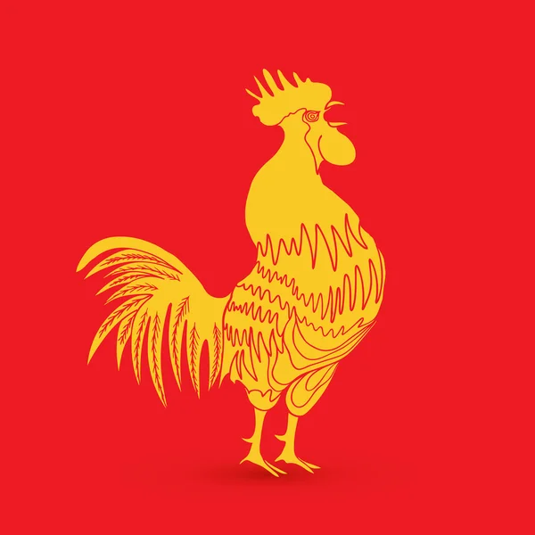 Coq traditionnel en or jaune sur fond rouge comme symbole du zodiaque — Image vectorielle