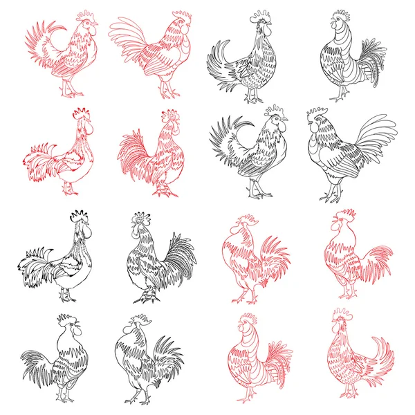 Set of Chinese roosters — Stock Vector