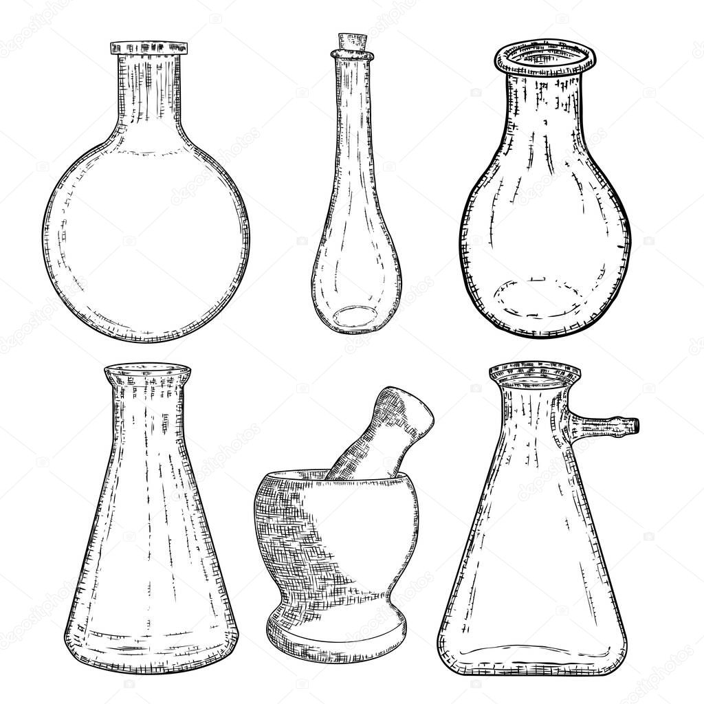 Set of mortar and pestle, witch bottles with magic liquid or poison and love potion, line and dot stipple, hand drawn. Flash tattoo design. Spiritual occultism chemistry, magic tattoo sketch. Vector.