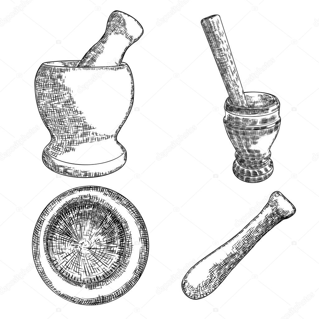 Set of mortar and pestle, witch bottles with magic liquid or poison and love potion, line and dot stipple, hand drawn. Flash tattoo design. Spiritual occultism chemistry, magic tattoo sketch. Vector.