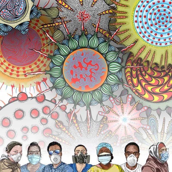 Coronavirus Orang Dengan Masker Wajah Medis Dan Virus Mengambang Udara - Stok Vektor