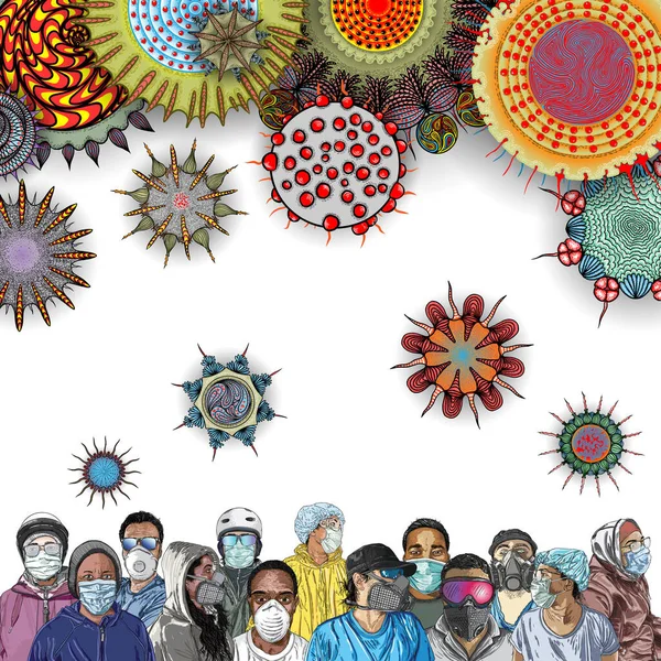 Coronavirus Personnes Sous Masque Médical Virus Flottant Dans Air Concept — Image vectorielle