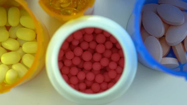 Extrem Makro Syn Farmaceutiska Generiska Receptbelagda Läkemedel Och Piller Flaskor — Stockfoto