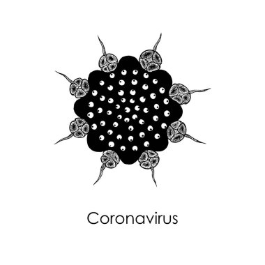 Roman Coronavirus COVID-19 sanat çizimi. Ortasında DNA veya RNA olan patojenik organizma. Bulaşıcı madde, grip kirliliği, hava kirliliği, toz, havadan yayılan polen alerjisi parçacıkları. Vektör.