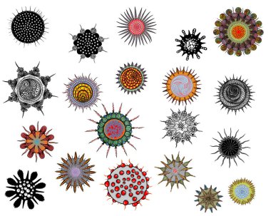 Coronavirus COVID-19 sanat çizimi ve en yaygın ve ölümcül insan virüsleri. Patojen organizma Hiv, Ebola, Grip, Hepatit vs. Hücreler ve bulaşıcı maddeler veya bulaşıcı mikrop bakterileri. Vektör.