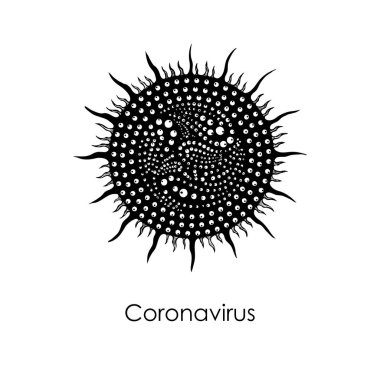 Roman Coronavirus COVID-19 sanat çizimi. Ortasında DNA veya RNA olan patojenik organizma. Bulaşıcı madde, grip kirliliği, hava kirliliği, toz, havadan yayılan polen alerjisi parçacıkları. Vektör.