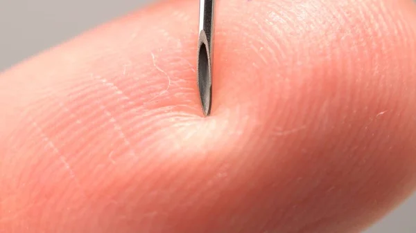 Finger Touching Medical Syringe Needle Macro Close Trypanophobia Extreme Fear — Stock Photo, Image