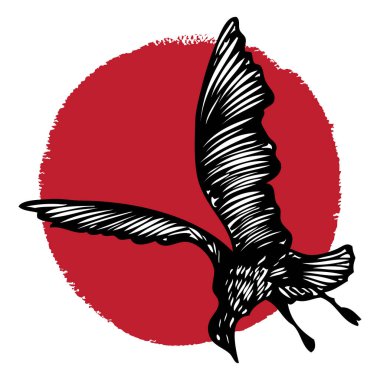 Gün batımında martı kuşuyla okyanus ambleminin minimalist deniz tasarımı. Sahilde gün batımında uçan martı kuşunun silueti. Tropikal egzotik deniz manzarası, yelken turizmi kavramı. Vektör. 