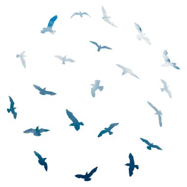 Beyaz arka planda uçan kuşların suluboya silueti. İlham verici vücut dövmesi deniz kuşlarının mürekkebi. Vektör.