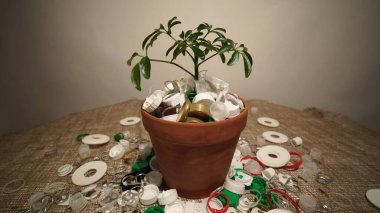 Plastik çöp dolu bir çömleğin içinde küçük bir fidan. Bir zamanlar plastik ve ambalajın aşırı kullanımından kaynaklanan çevre koruma felaketi kavramı. Topraktaki yeşil bitki mi yoksa plastik çöpten yapılmış toprak mı?.