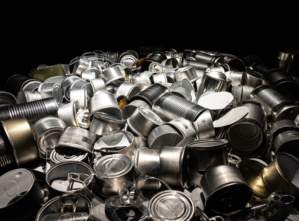 Recycle empty cans and tin for food and drink. Aluminum soda cans and food jars. Sorted metal trash and garbage ready for recycling. Steel rubbish. Zero waste and no pollution.