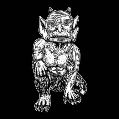 İblis, insan gibi sivri dişli boynuzları ve pençeleri olan canavar bir kimera. Mistik ve okült el oymalı şeytan vektörü.