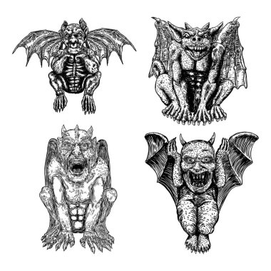 Yarasa gibi kanatları ve boynuzları olan mitolojik antik yaratıklar. Sivri dişleri, tırnakları ya da pençeleri oturma pozisyonunda olan efsanevi bir yaratık. Elle çizilmiş bir eskiz. Vektör.
